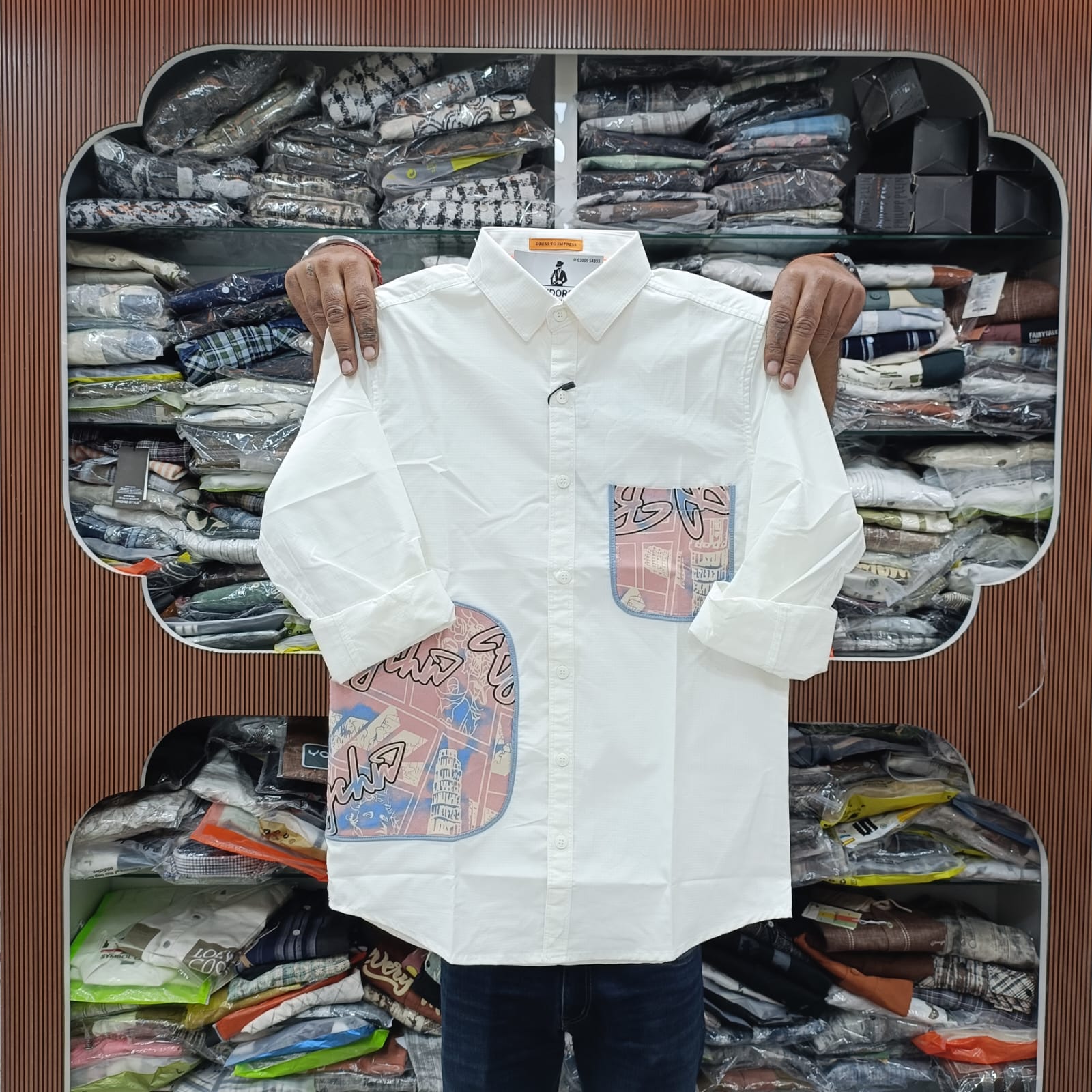 stylish white shirt with abstract city map pockets | men's designer casual wear stylish white shirt with abstract city map pockets | men's designer casual wear