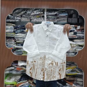 urban white shirt with brown city skyline print | men's modern casual long sleeve